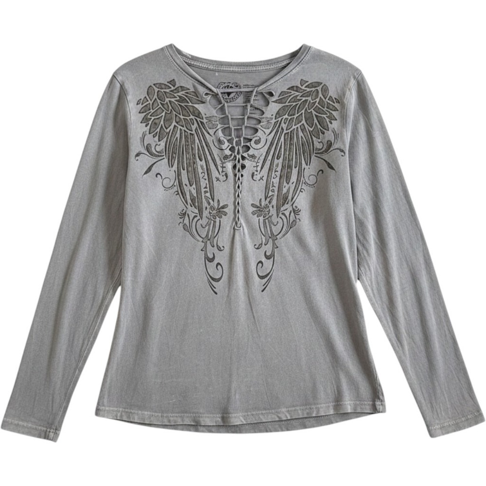 Affliction Long Sleeve Top Womens Large Grey Wing Graphic Lace Up Cutout